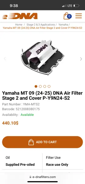 P-y9n24-s2 Dna Yma-mts2 Air Filter Stage 2 And Airbox Lid - Yamaha Mt09 Sp 24-25