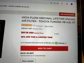 33-5017 K&n Filters 2016 -2023 Toyota Tundra Kn Drop In Air