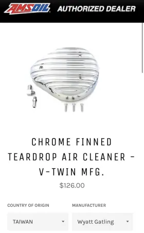34-0530 V-twin Manufacturing Harley Davidson Chrome Finned Teardrop Air Cleaner - -twin Mfg